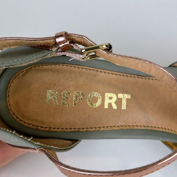 Report Meg T Strap Heels Woven Gray & Metallic Rose Gold Open Toe Block Heel 8 - Picture 6 of 11